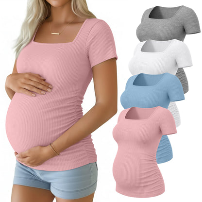 4 Pack Women's Maternity Shirts Cotton Ribbed Short Sleeve Square Neck Pregnancy Tops Side Ruched Summer Tee