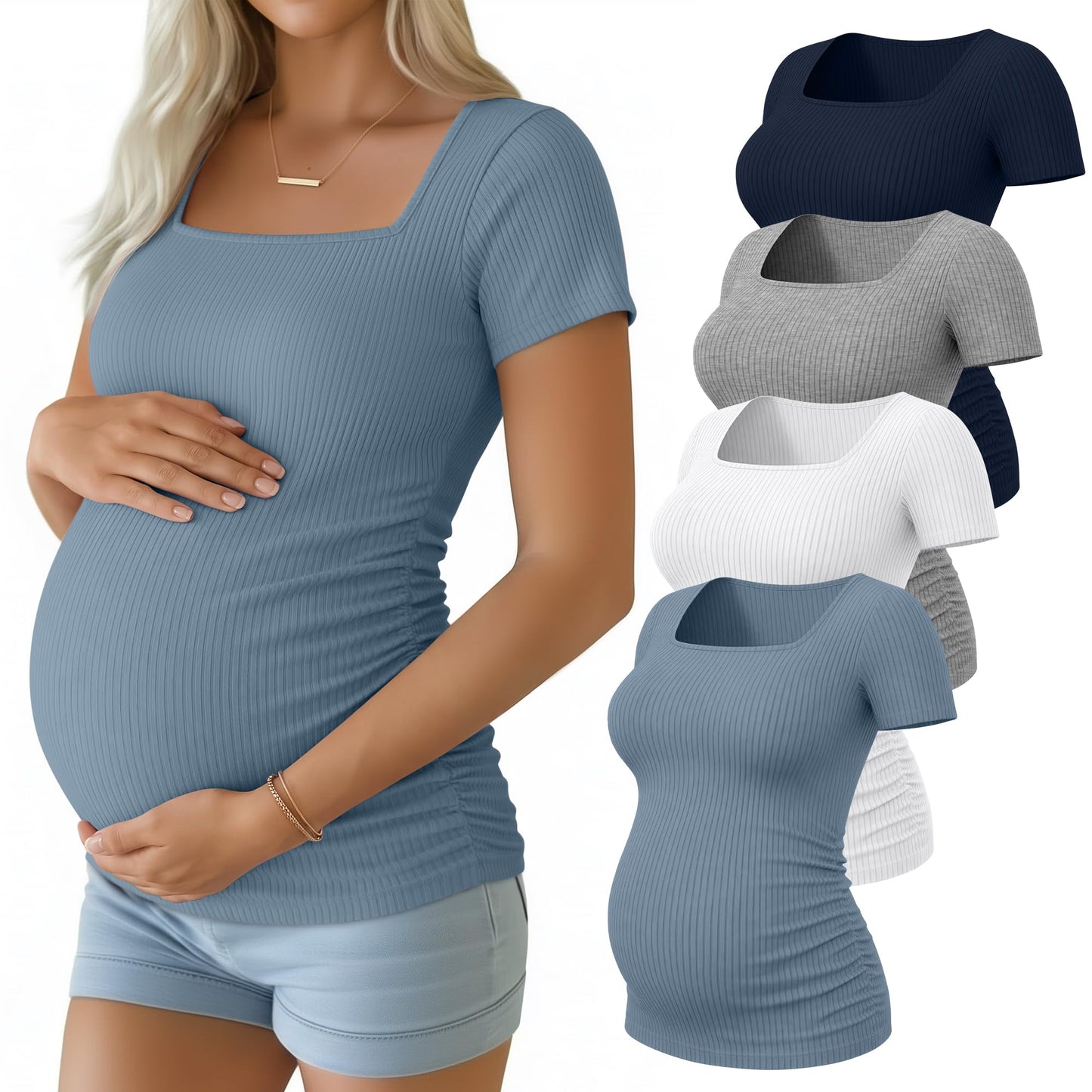 4 Pack Women's Maternity Shirts Cotton Ribbed Short Sleeve Square Neck Pregnancy Tops Side Ruched Summer Tee