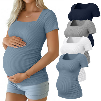 4 Pack Women's Maternity Shirts Cotton Ribbed Short Sleeve Square Neck Pregnancy Tops Side Ruched Summer Tee