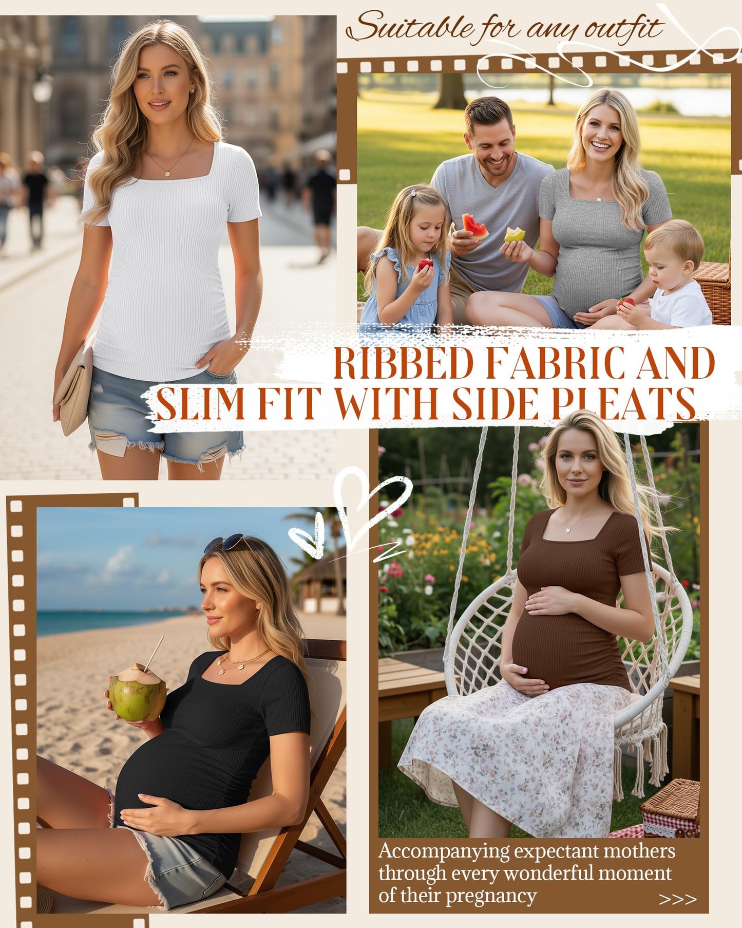 4 Pack Women's Maternity Shirts Cotton Ribbed Short Sleeve Square Neck Pregnancy Tops Side Ruched Summer Tee