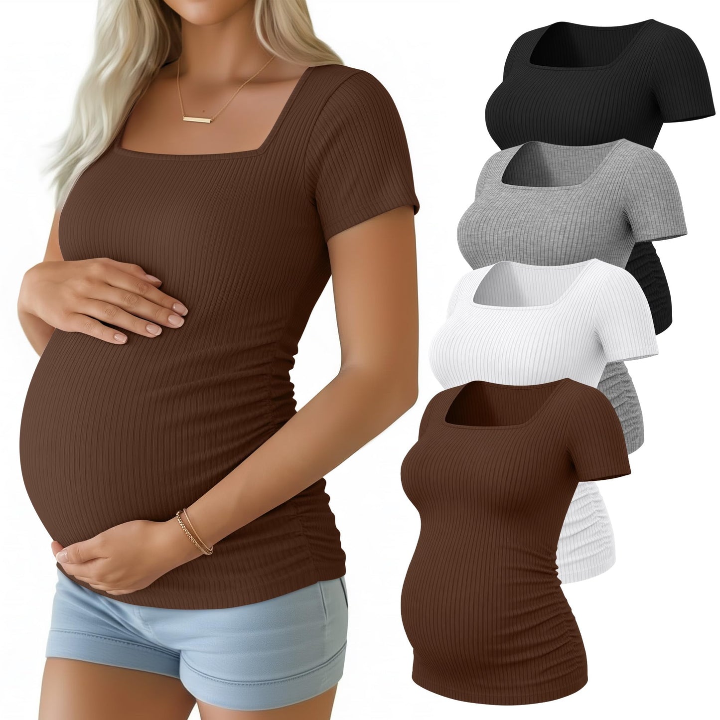 4 Pack Women's Maternity Shirts Cotton Ribbed Short Sleeve Square Neck Pregnancy Tops Side Ruched Summer Tee