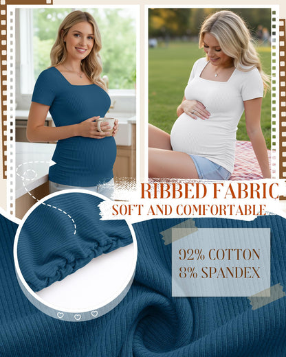 4 Pack Women's Maternity Shirts Cotton Ribbed Short Sleeve Square Neck Pregnancy Tops Side Ruched Summer Tee