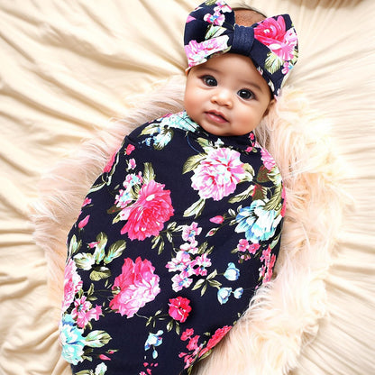 Newborn Receiving Blanket Headband Set Flower Print Baby Swaddle Blankets (Vintage)