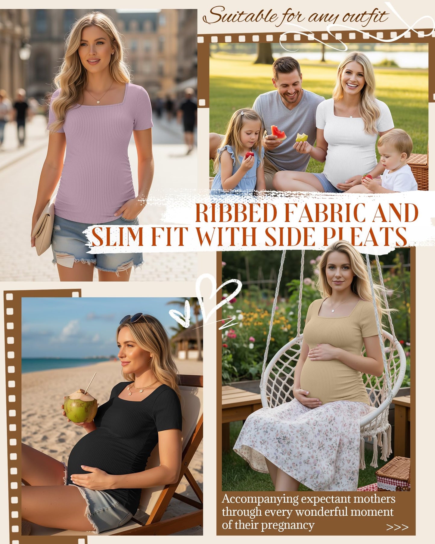 4 Pack Women's Maternity Shirts Cotton Ribbed Short Sleeve Square Neck Pregnancy Tops Side Ruched Summer Tee