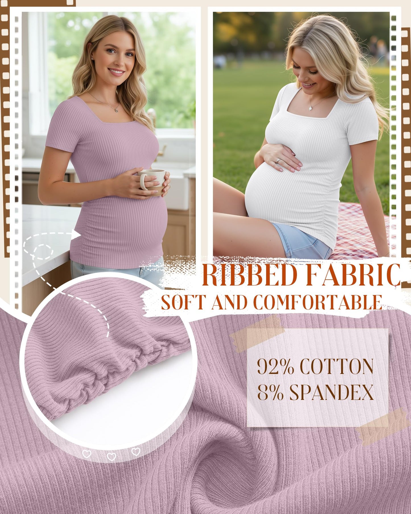 4 Pack Women's Maternity Shirts Cotton Ribbed Short Sleeve Square Neck Pregnancy Tops Side Ruched Summer Tee