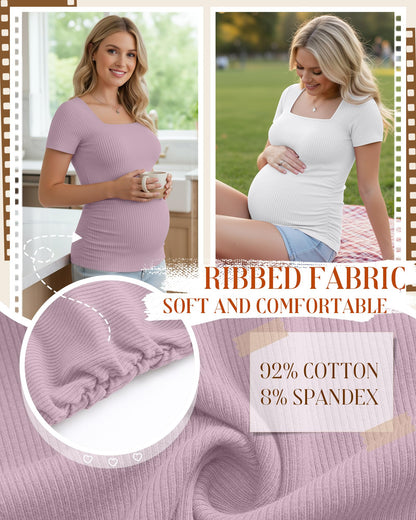 4 Pack Women's Maternity Shirts Cotton Ribbed Short Sleeve Square Neck Pregnancy Tops Side Ruched Summer Tee
