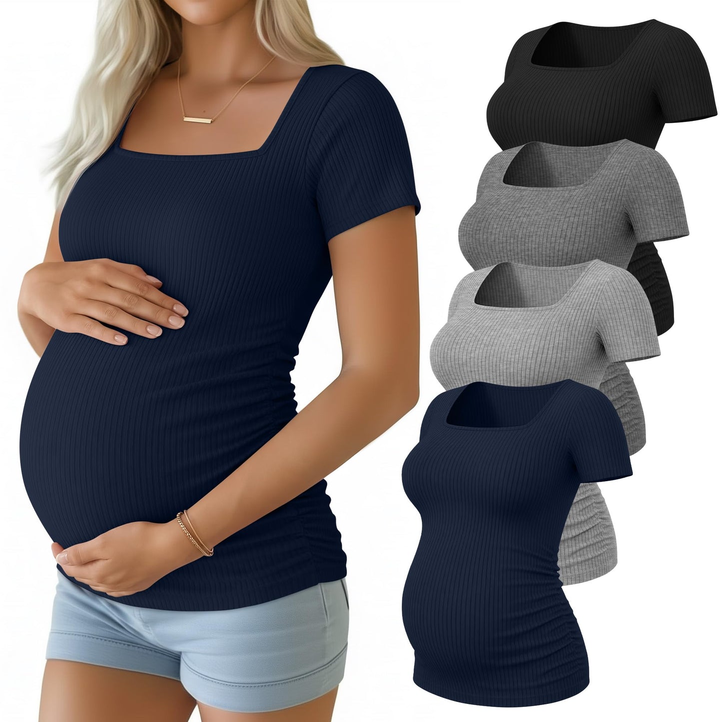 4 Pack Women's Maternity Shirts Cotton Ribbed Short Sleeve Square Neck Pregnancy Tops Side Ruched Summer Tee