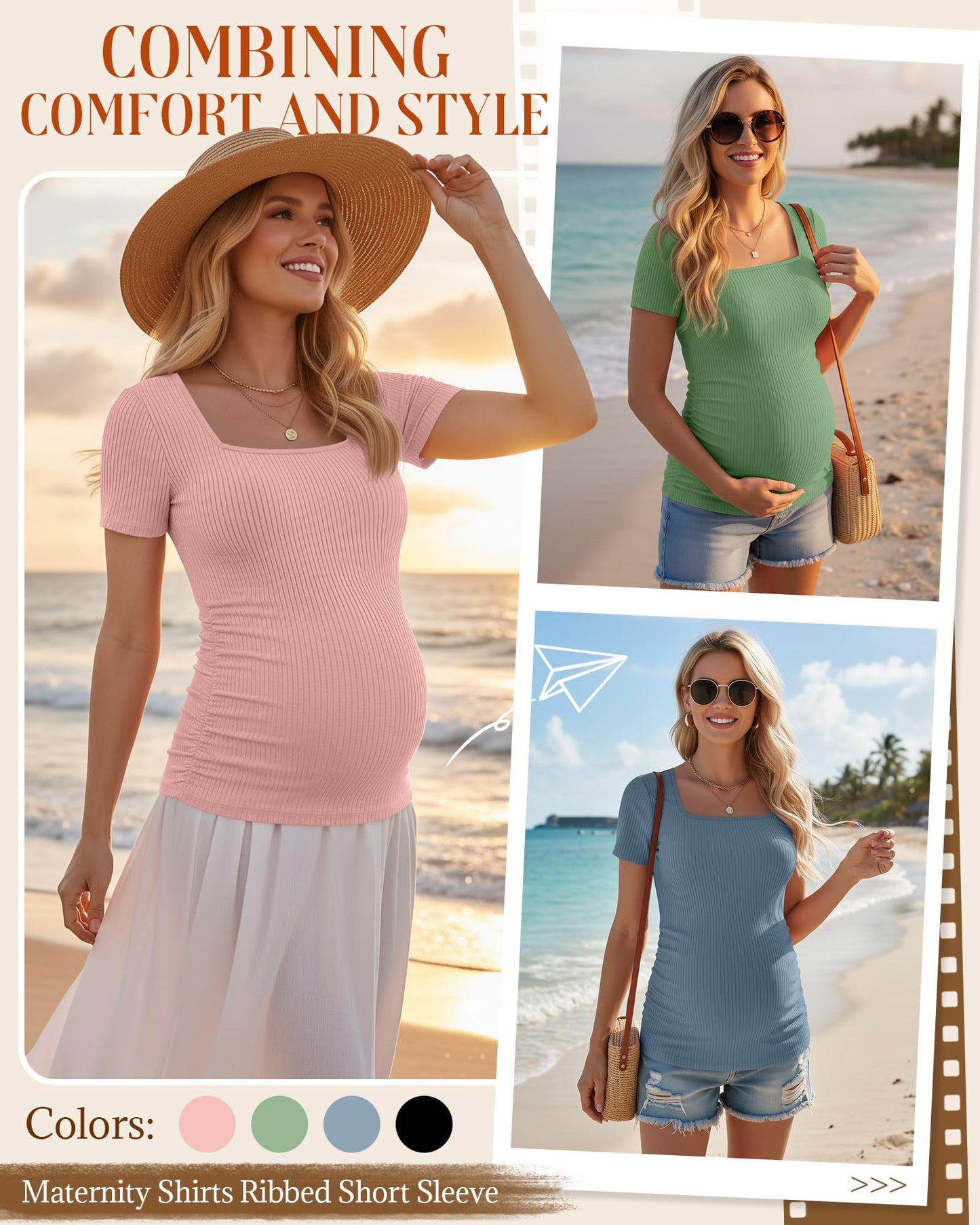 4 Pack Women's Maternity Shirts Cotton Ribbed Short Sleeve Square Neck Pregnancy Tops Side Ruched Summer Tee
