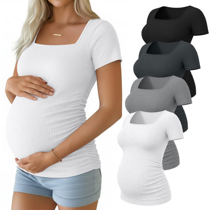 4 Pack Women's Maternity Shirts Cotton Ribbed Short Sleeve Square Neck Pregnancy Tops Side Ruched Summer Tee