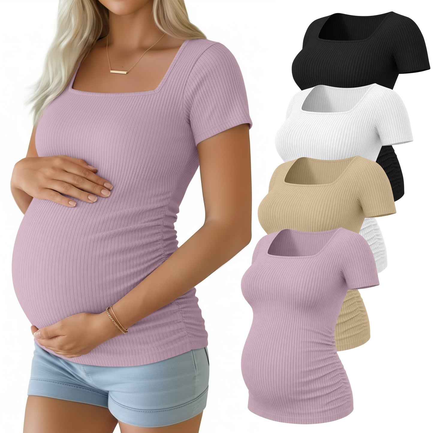 4 Pack Women's Maternity Shirts Cotton Ribbed Short Sleeve Square Neck Pregnancy Tops Side Ruched Summer Tee
