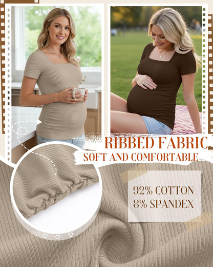 4 Pack Women's Maternity Shirts Cotton Ribbed Short Sleeve Square Neck Pregnancy Tops Side Ruched Summer Tee