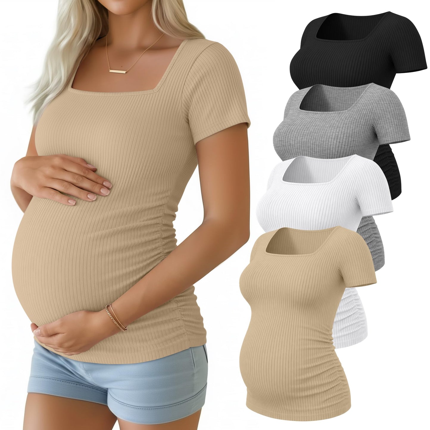 4 Pack Women's Maternity Shirts Cotton Ribbed Short Sleeve Square Neck Pregnancy Tops Side Ruched Summer Tee