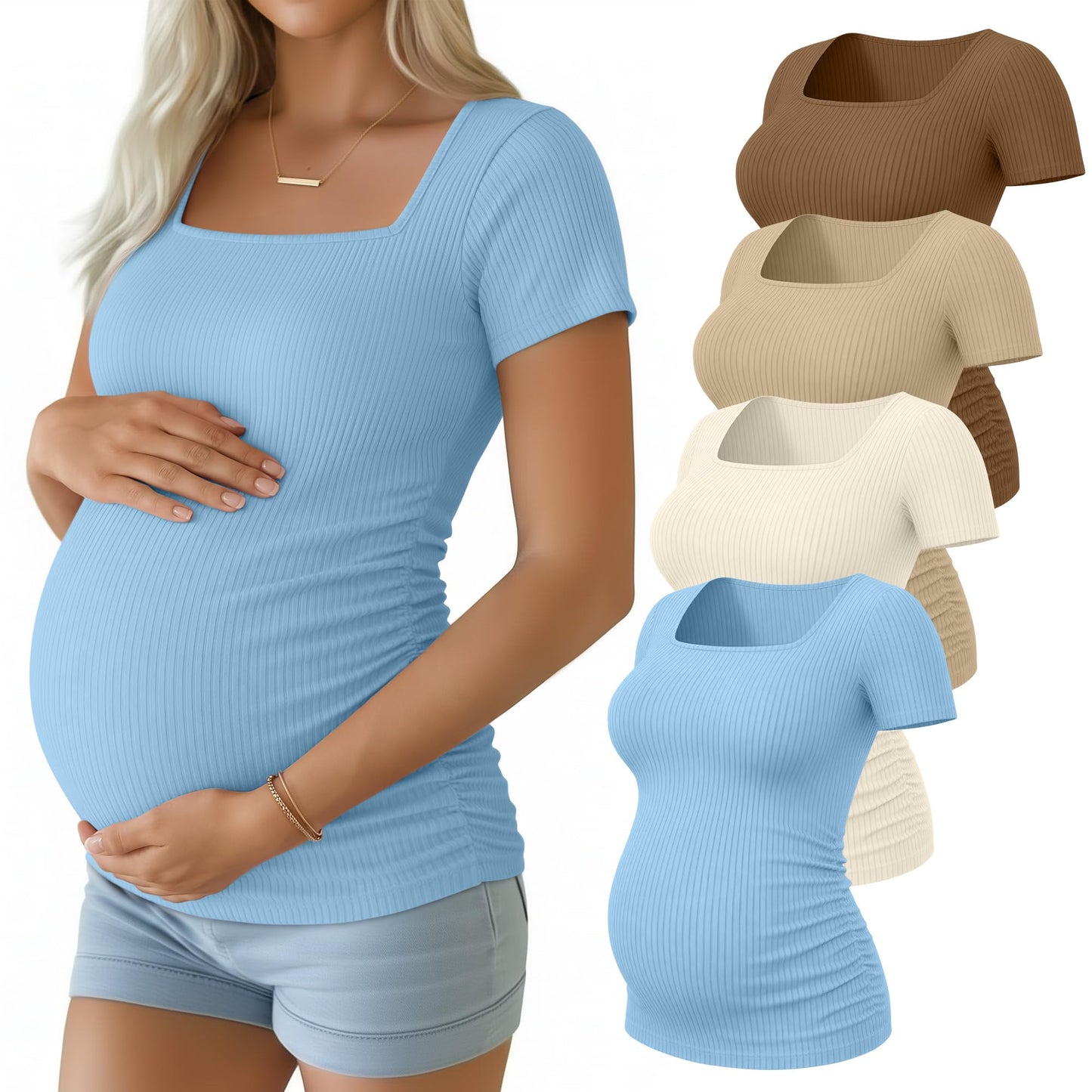 4 Pack Women's Maternity Shirts Cotton Ribbed Short Sleeve Square Neck Pregnancy Tops Side Ruched Summer Tee