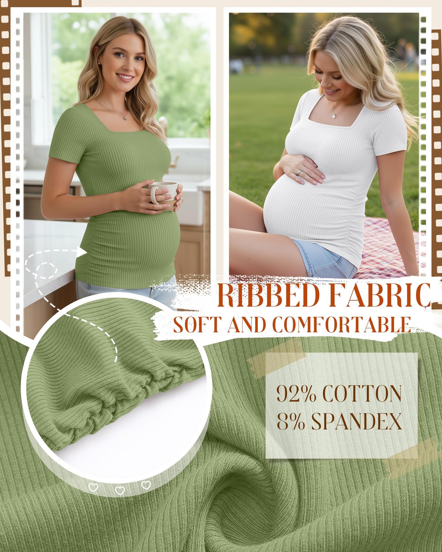 4 Pack Women's Maternity Shirts Cotton Ribbed Short Sleeve Square Neck Pregnancy Tops Side Ruched Summer Tee