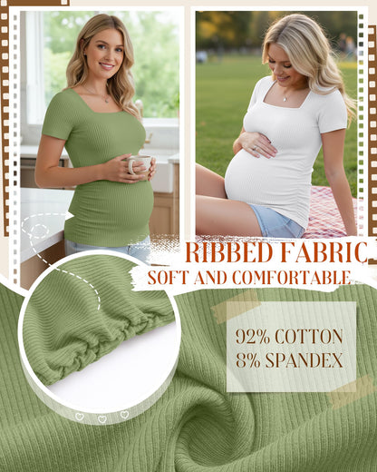 4 Pack Women's Maternity Shirts Cotton Ribbed Short Sleeve Square Neck Pregnancy Tops Side Ruched Summer Tee