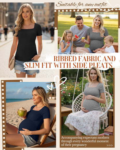 4 Pack Women's Maternity Shirts Cotton Ribbed Short Sleeve Square Neck Pregnancy Tops Side Ruched Summer Tee