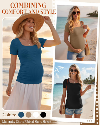 4 Pack Women's Maternity Shirts Cotton Ribbed Short Sleeve Square Neck Pregnancy Tops Side Ruched Summer Tee