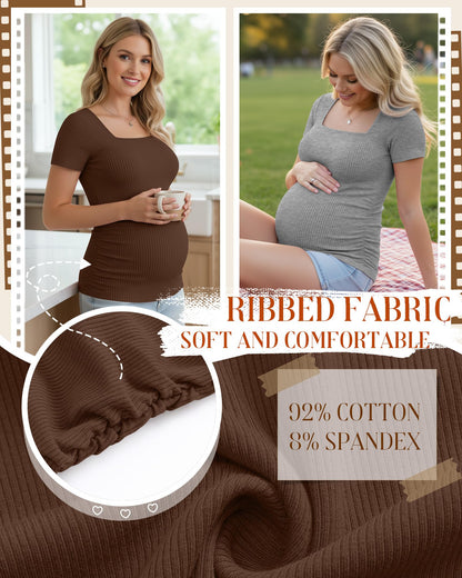 4 Pack Women's Maternity Shirts Cotton Ribbed Short Sleeve Square Neck Pregnancy Tops Side Ruched Summer Tee