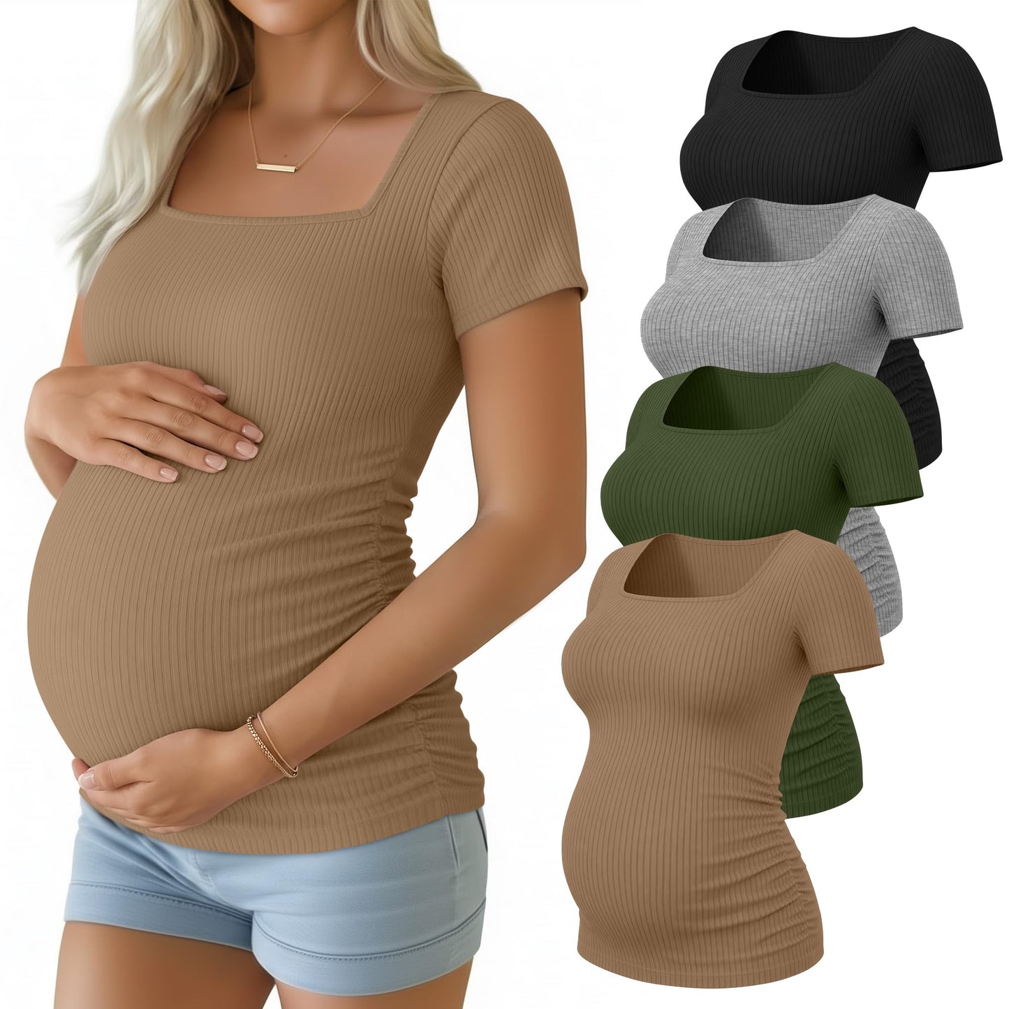 4 Pack Women's Maternity Shirts Cotton Ribbed Short Sleeve Square Neck Pregnancy Tops Side Ruched Summer Tee