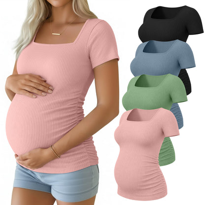 4 Pack Women's Maternity Shirts Cotton Ribbed Short Sleeve Square Neck Pregnancy Tops Side Ruched Summer Tee