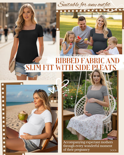 4 Pack Women's Maternity Shirts Cotton Ribbed Short Sleeve Square Neck Pregnancy Tops Side Ruched Summer Tee