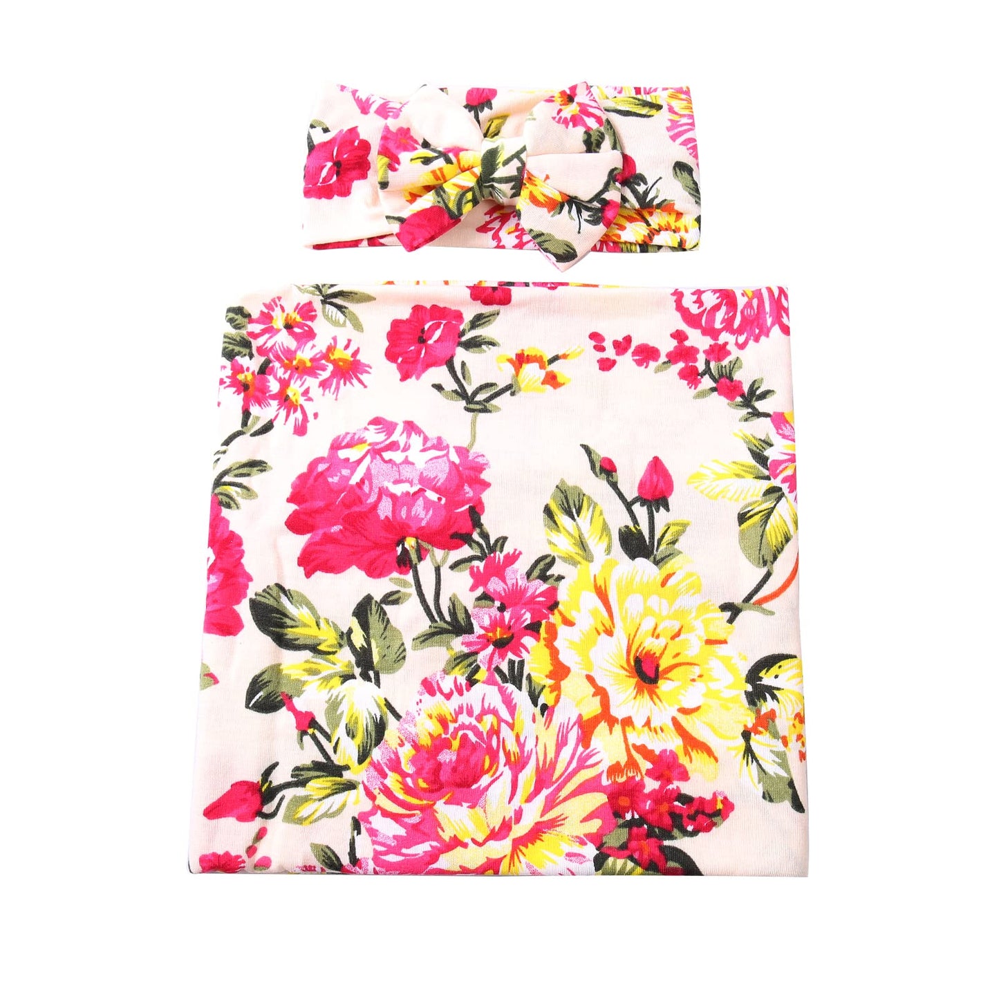Newborn Receiving Blanket Headband Set Flower Print Baby Swaddle Blankets (Vintage)