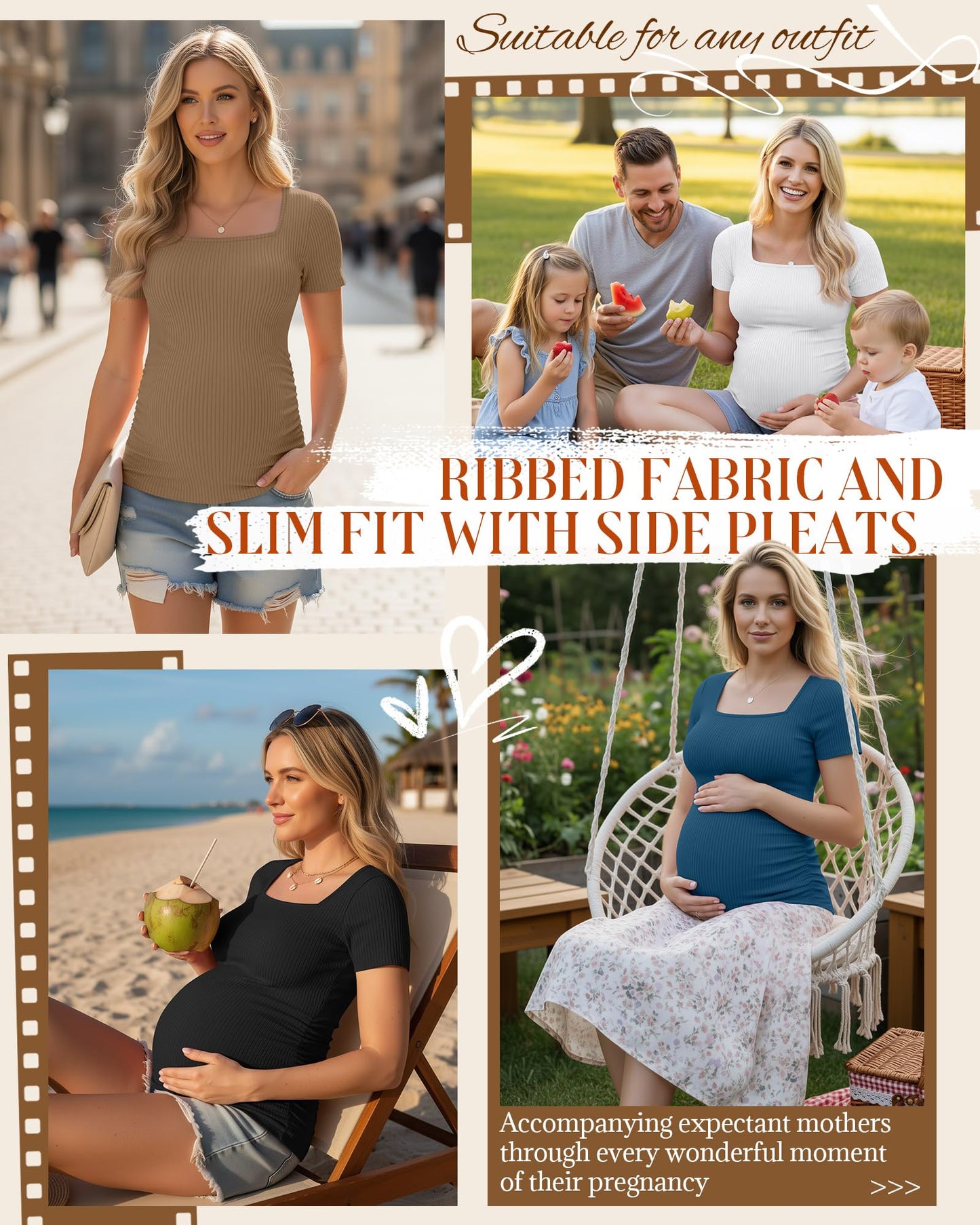 4 Pack Women's Maternity Shirts Cotton Ribbed Short Sleeve Square Neck Pregnancy Tops Side Ruched Summer Tee