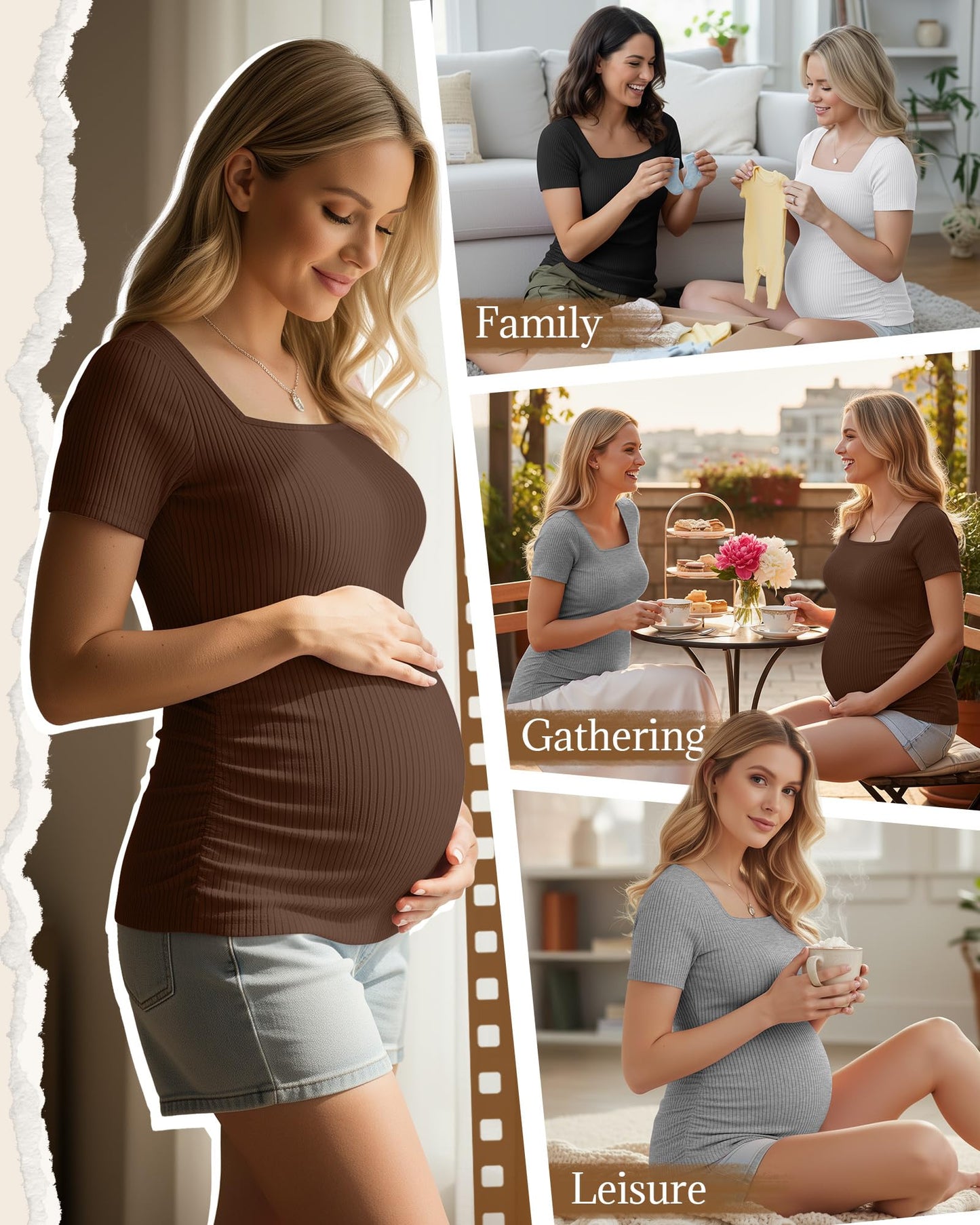 4 Pack Women's Maternity Shirts Cotton Ribbed Short Sleeve Square Neck Pregnancy Tops Side Ruched Summer Tee