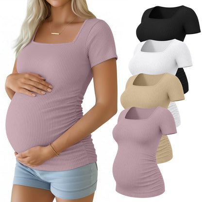 4 Pack Women's Maternity Shirts Cotton Ribbed Short Sleeve Square Neck Pregnancy Tops Side Ruched Summer Tee