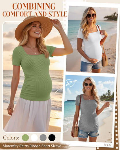 4 Pack Women's Maternity Shirts Cotton Ribbed Short Sleeve Square Neck Pregnancy Tops Side Ruched Summer Tee
