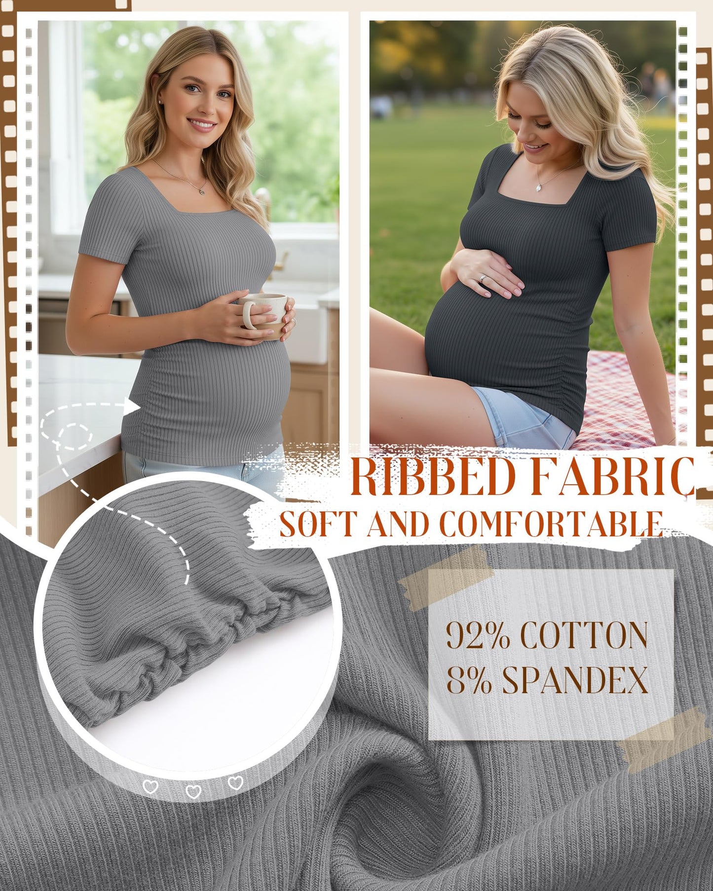 4 Pack Women's Maternity Shirts Cotton Ribbed Short Sleeve Square Neck Pregnancy Tops Side Ruched Summer Tee