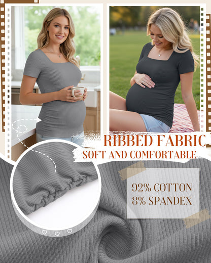 4 Pack Women's Maternity Shirts Cotton Ribbed Short Sleeve Square Neck Pregnancy Tops Side Ruched Summer Tee