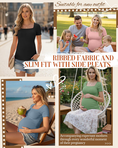 4 Pack Women's Maternity Shirts Cotton Ribbed Short Sleeve Square Neck Pregnancy Tops Side Ruched Summer Tee