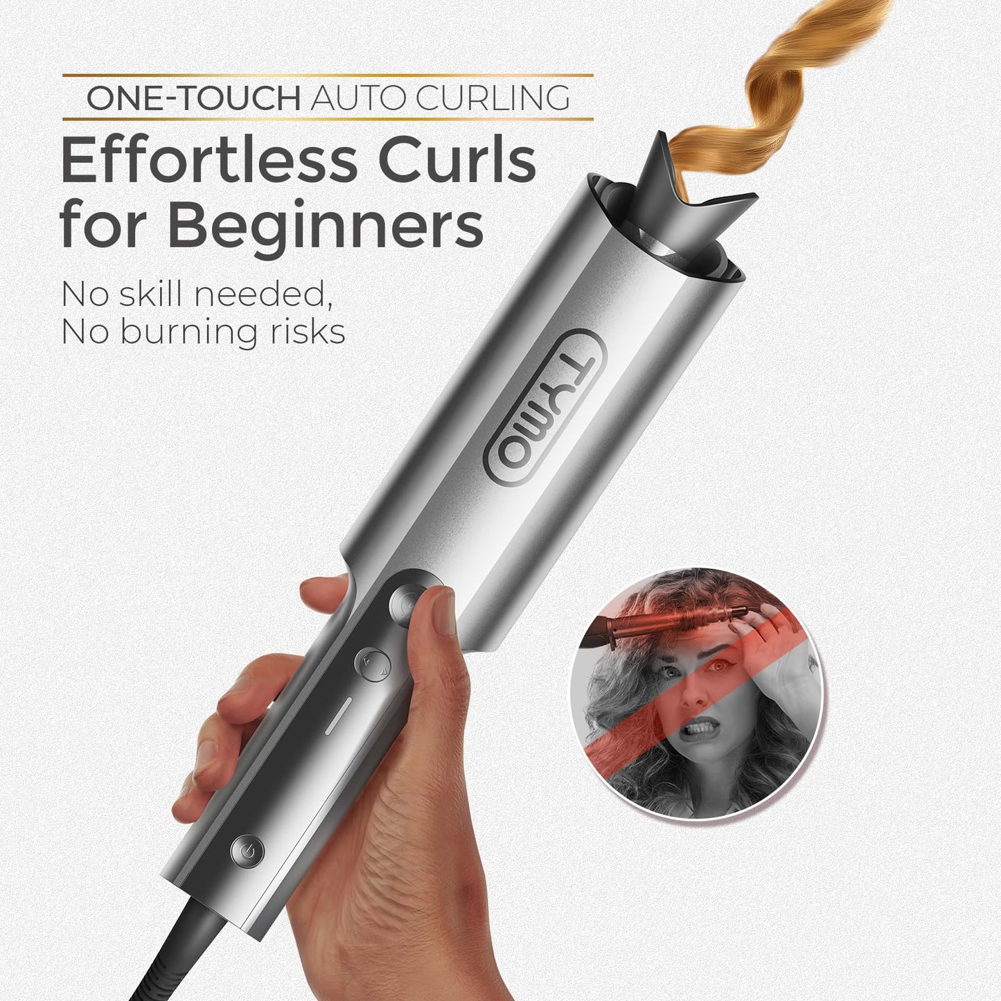 TYMO CurlPro Plus Automatic Rotating Curling Iron - Upgraded Long Barrel Curling Wand for Long Hair, Ceramic Hair Curler for Women, Anti-Scald, Tangle-Free, 600M Ionic, Dual Voltage, Gold, 1 Inch