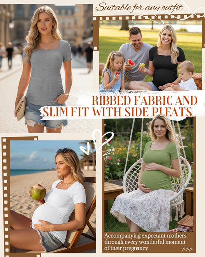 4 Pack Women's Maternity Shirts Cotton Ribbed Short Sleeve Square Neck Pregnancy Tops Side Ruched Summer Tee