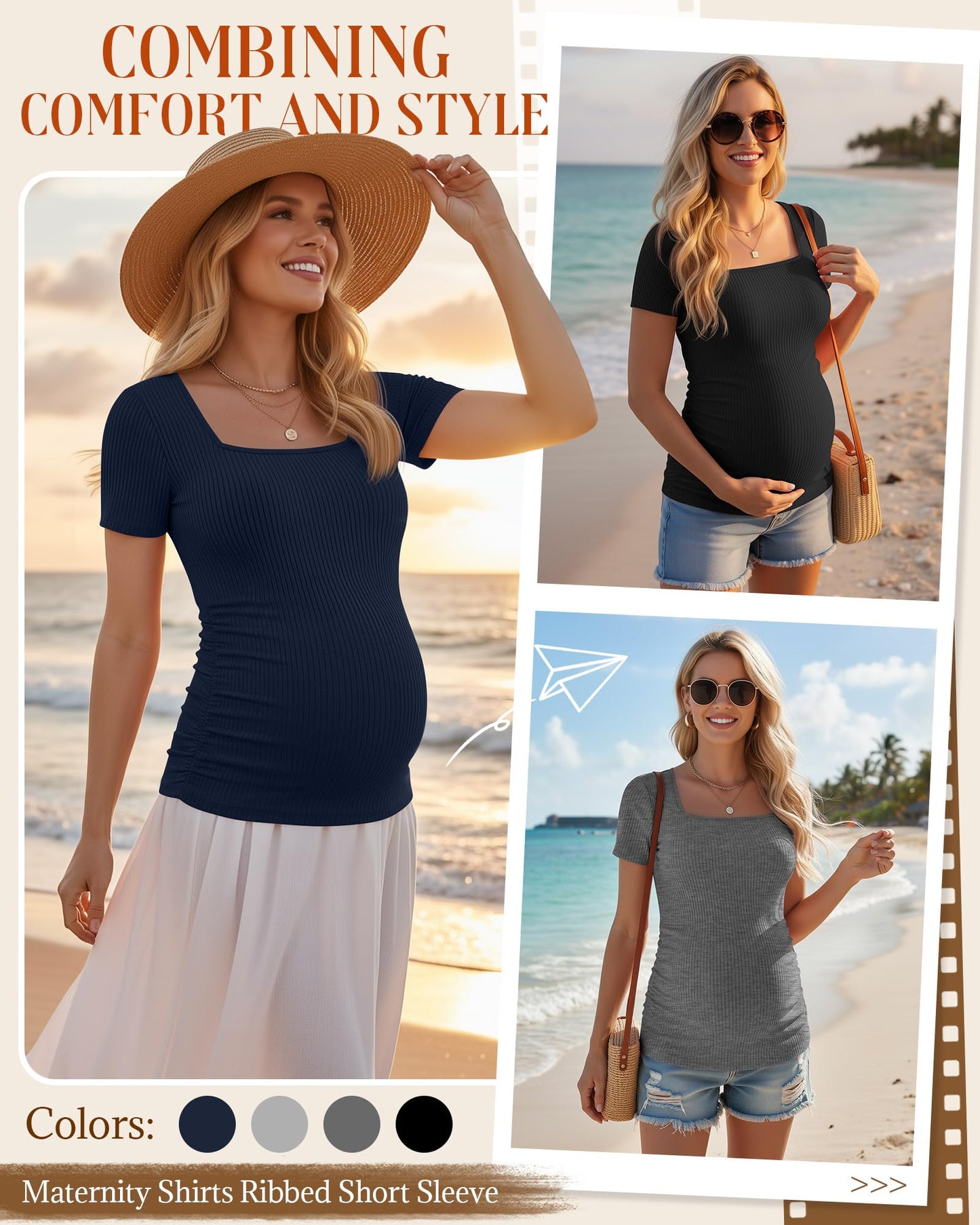 4 Pack Women's Maternity Shirts Cotton Ribbed Short Sleeve Square Neck Pregnancy Tops Side Ruched Summer Tee