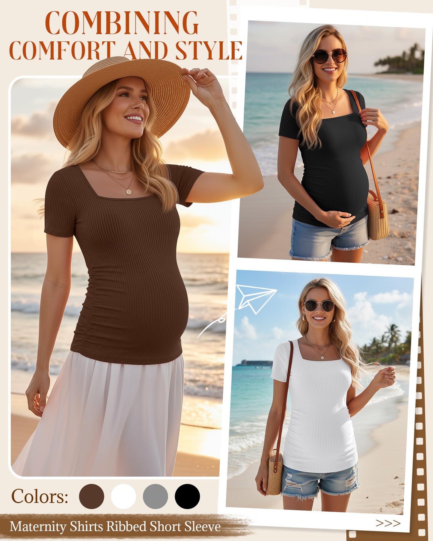 4 Pack Women's Maternity Shirts Cotton Ribbed Short Sleeve Square Neck Pregnancy Tops Side Ruched Summer Tee