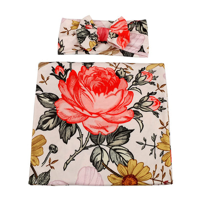 Newborn Receiving Blanket Headband Set Flower Print Baby Swaddle Blankets (Vintage)