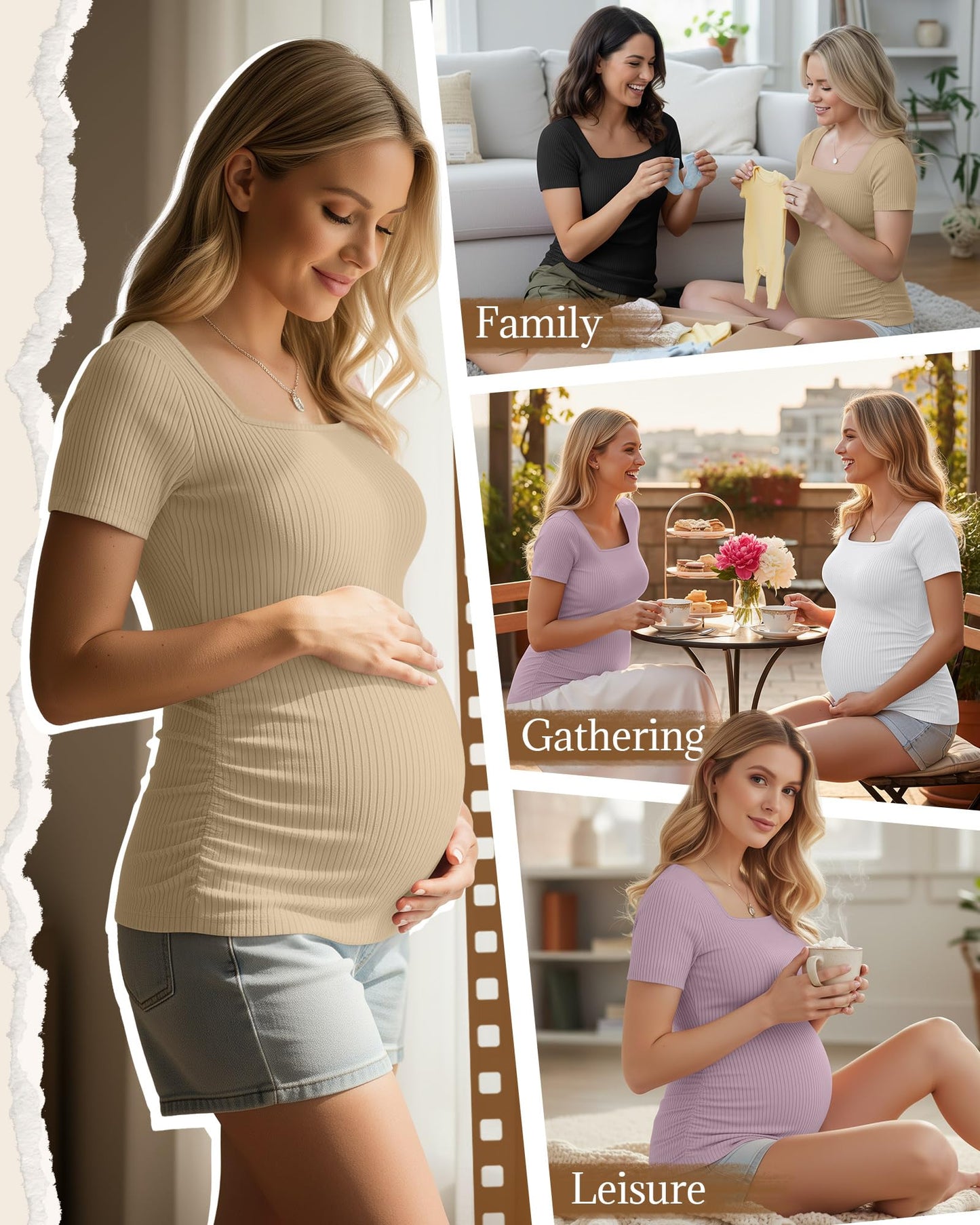 4 Pack Women's Maternity Shirts Cotton Ribbed Short Sleeve Square Neck Pregnancy Tops Side Ruched Summer Tee