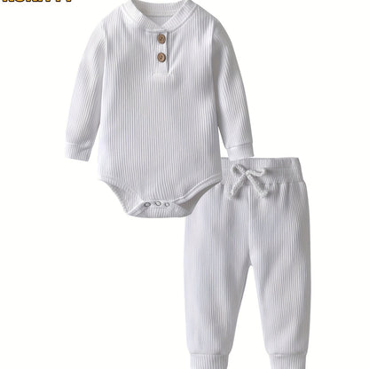 Long Sleeve Solid Color Ribbed Bodysuit And Pants Set