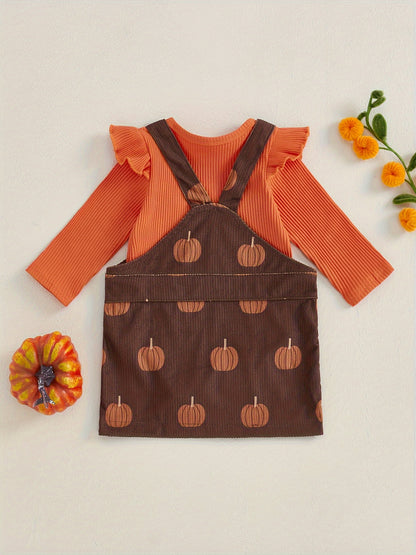 2pcs Pumpkin Baby Girl Romper And Corduroy Skirt