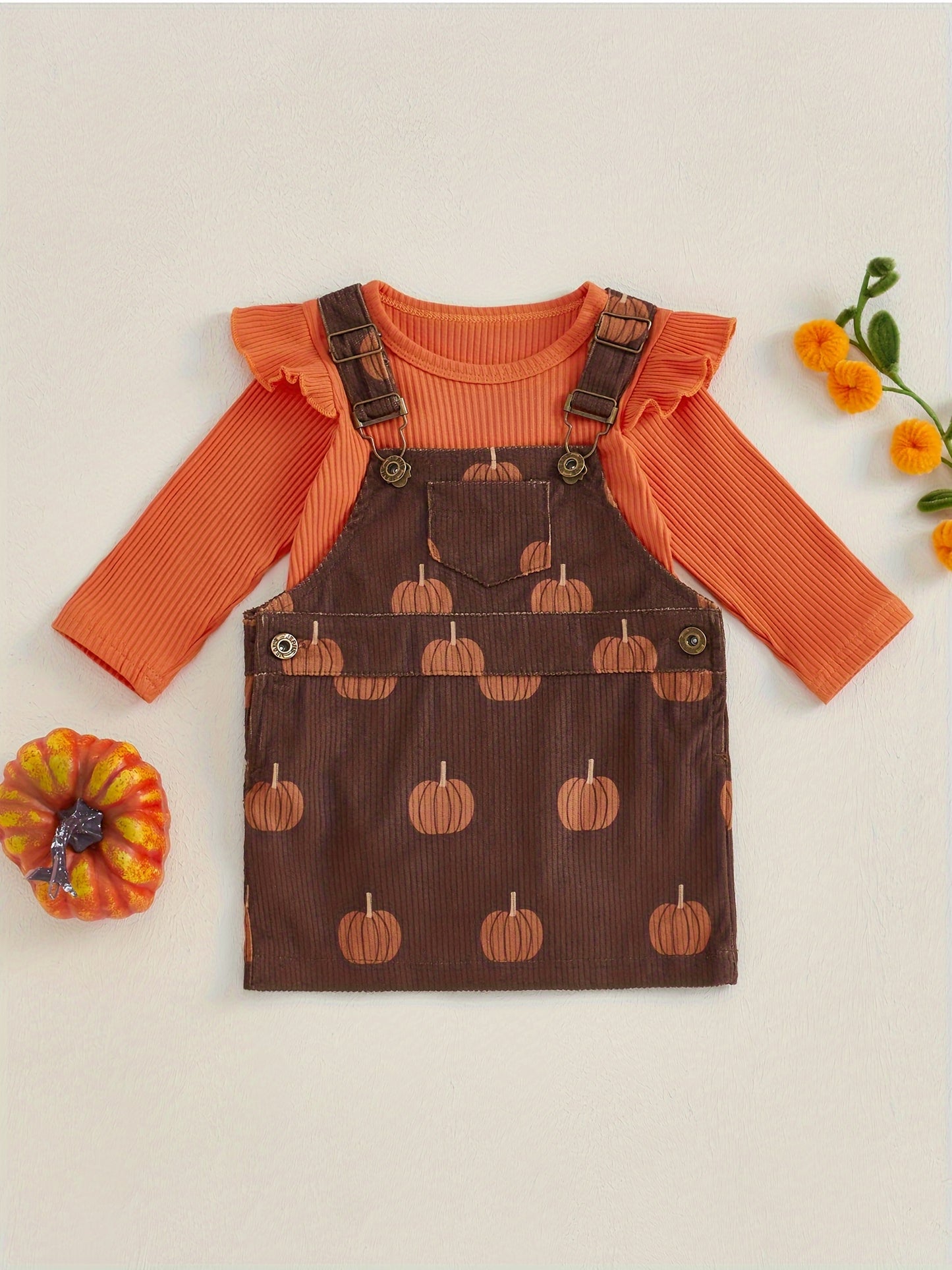 2pcs Pumpkin Baby Girl Romper And Corduroy Skirt