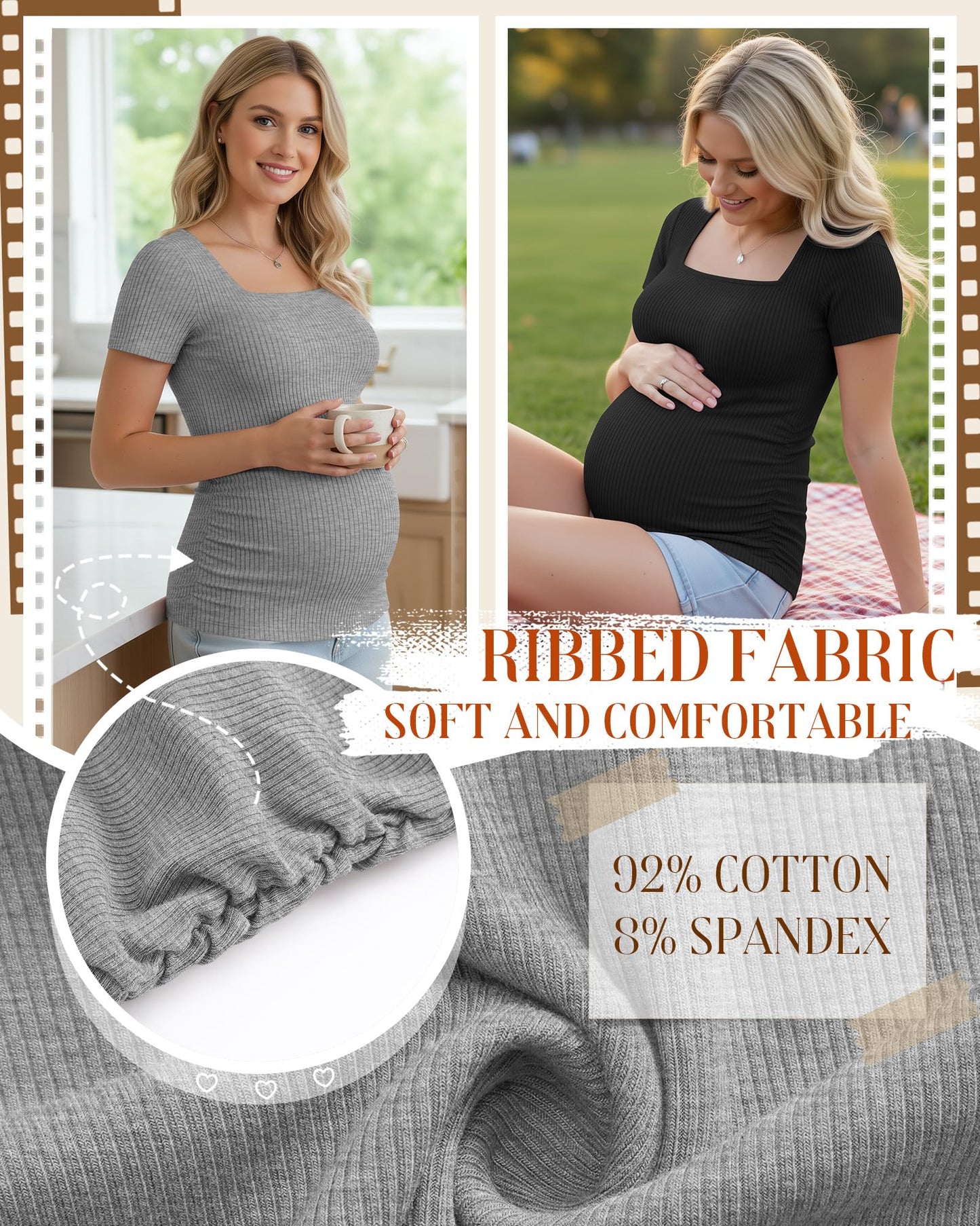 4 Pack Women's Maternity Shirts Cotton Ribbed Short Sleeve Square Neck Pregnancy Tops Side Ruched Summer Tee