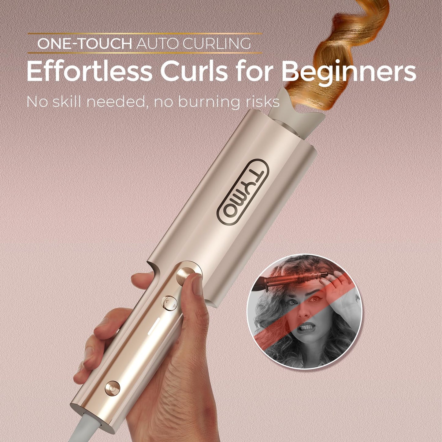 TYMO CurlPro Plus Automatic Rotating Curling Iron - Upgraded Long Barrel Curling Wand for Long Hair, Ceramic Hair Curler for Women, Anti-Scald, Tangle-Free, 600M Ionic, Dual Voltage, Gold, 1 Inch