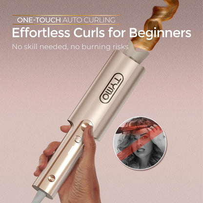 TYMO CurlPro Plus Automatic Rotating Curling Iron - Upgraded Long Barrel Curling Wand for Long Hair, Ceramic Hair Curler for Women, Anti-Scald, Tangle-Free, 600M Ionic, Dual Voltage, Gold, 1 Inch
