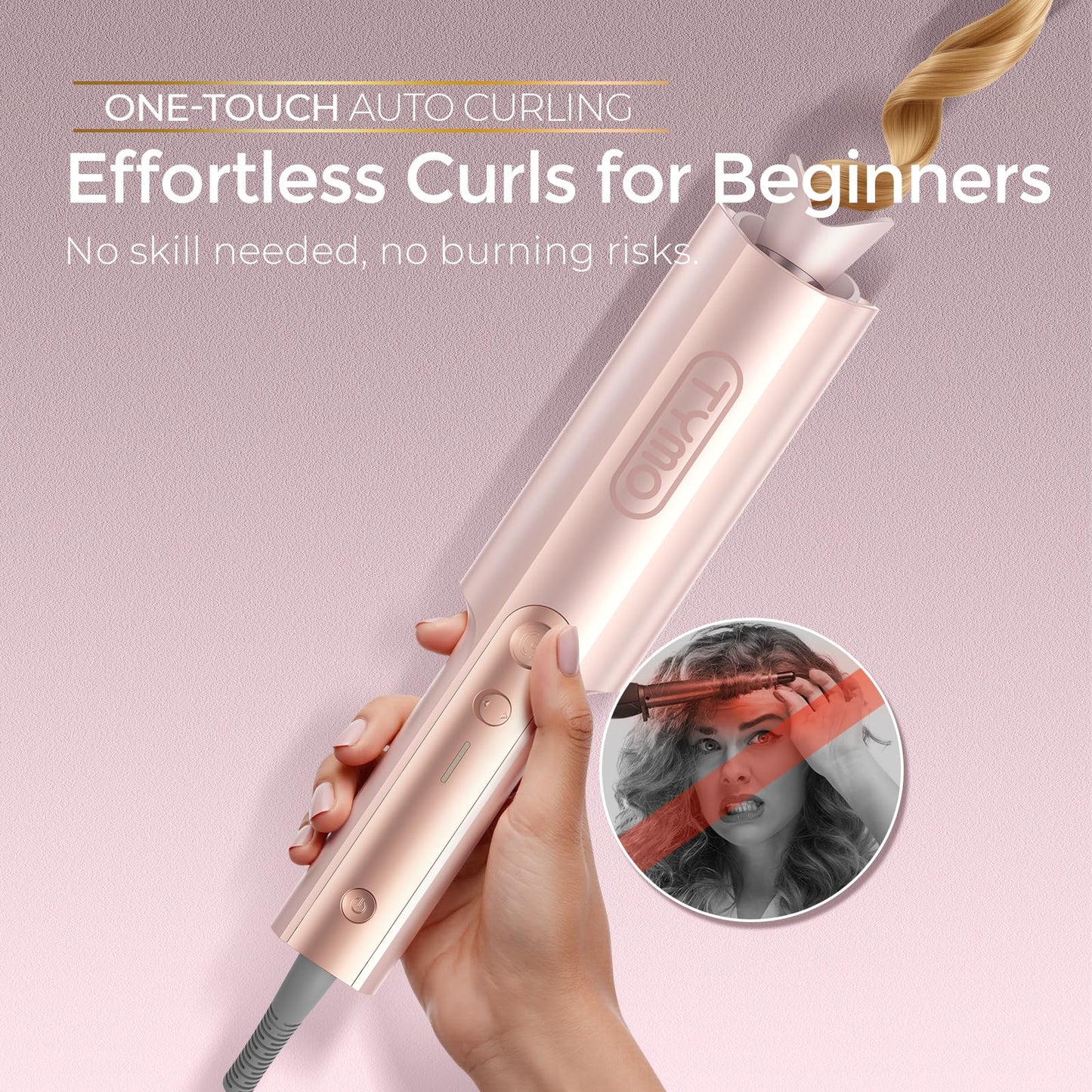 TYMO CurlPro Plus Automatic Rotating Curling Iron - Upgraded Long Barrel Curling Wand for Long Hair, Ceramic Hair Curler for Women, Anti-Scald, Tangle-Free, 600M Ionic, Dual Voltage, Gold, 1 Inch