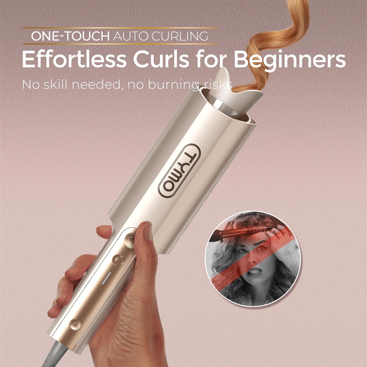 TYMO CurlPro Plus Automatic Rotating Curling Iron - Upgraded Long Barrel Curling Wand for Long Hair, Ceramic Hair Curler for Women, Anti-Scald, Tangle-Free, 600M Ionic, Dual Voltage, Gold, 1 Inch