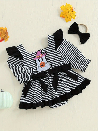 Baby Girl Halloween Romper Dress with Pumpkin & Ghost Pattern