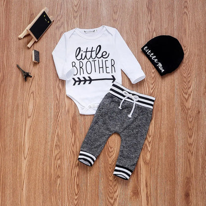 Baby Boy Cotton Set - Long Sleeve Romper Pant & Hat Outfit - 3Pcs