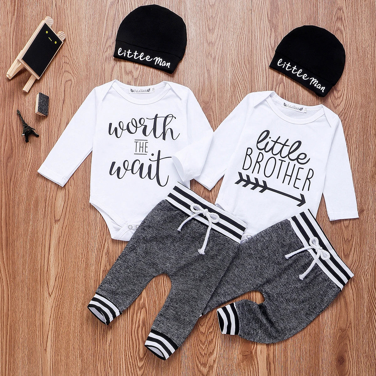Baby Boy Cotton Set - Long Sleeve Romper Pant & Hat Outfit - 3Pcs